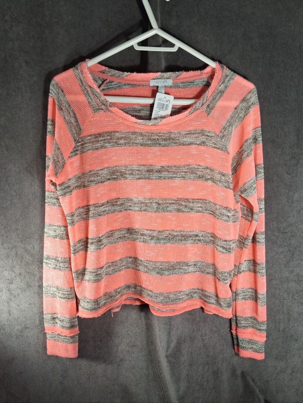 dELiA*s Neon Pink Oatmeal Metallic Gold Striped Lightweight Raw Sweater NWT L